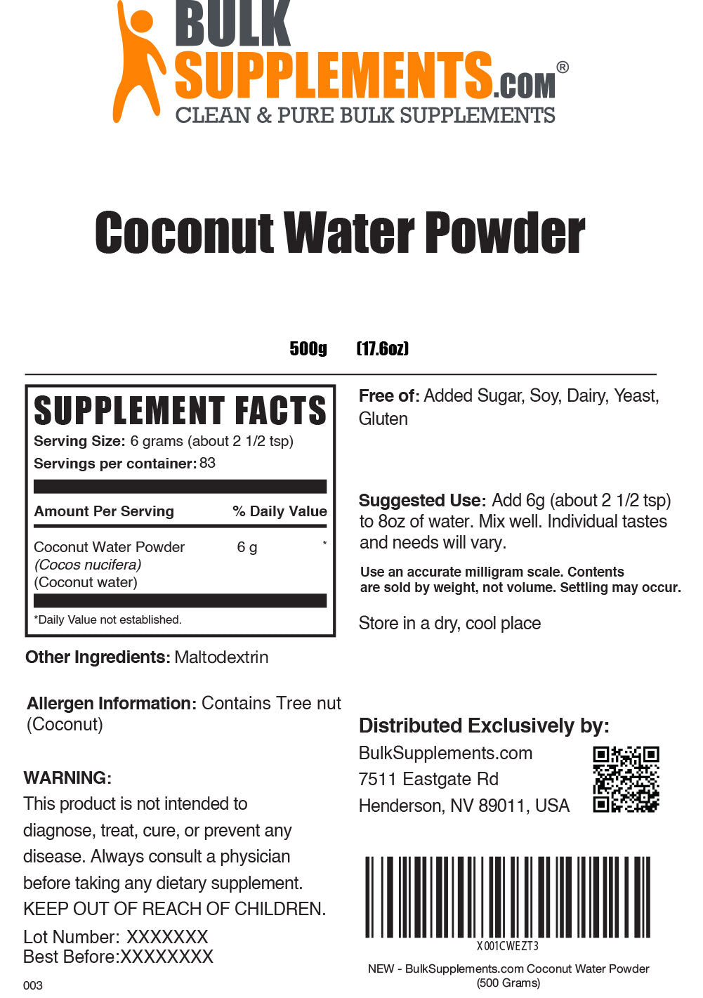 Supplement Facts Coconut Water Powder 500 grams 17.6 ounces