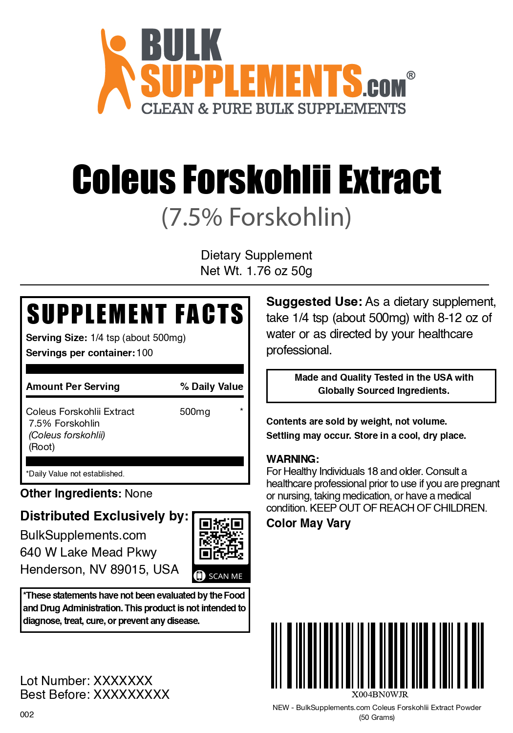 Coleus forskohlii extract powder label 50g