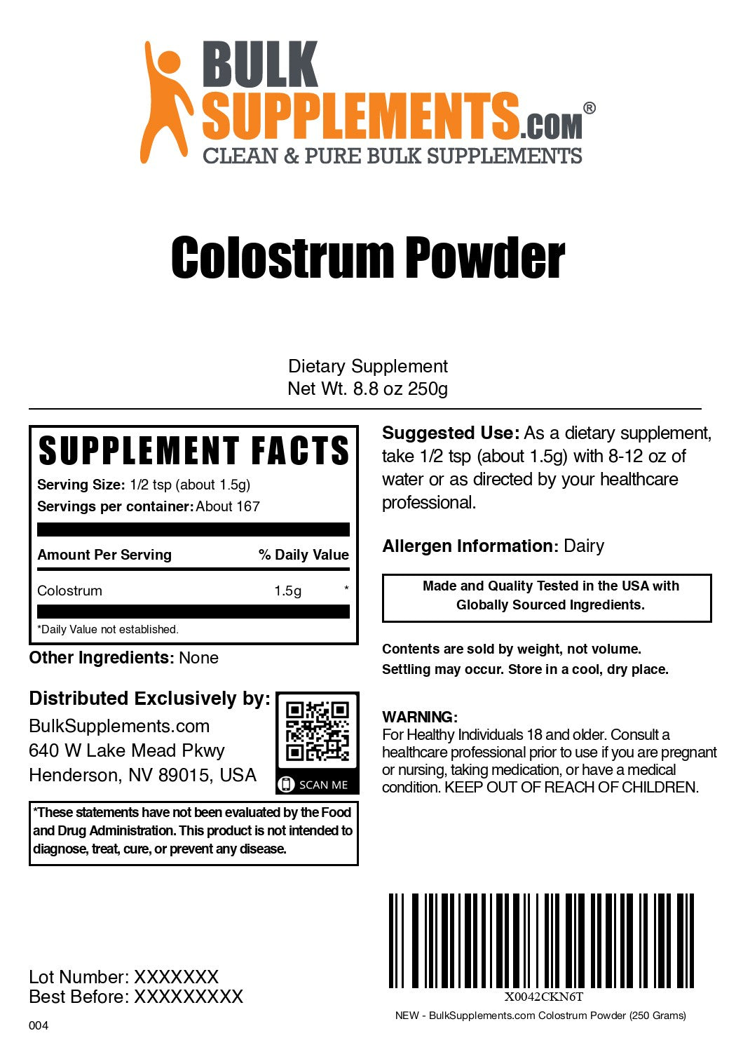 Colostrum Powder  250 grams label