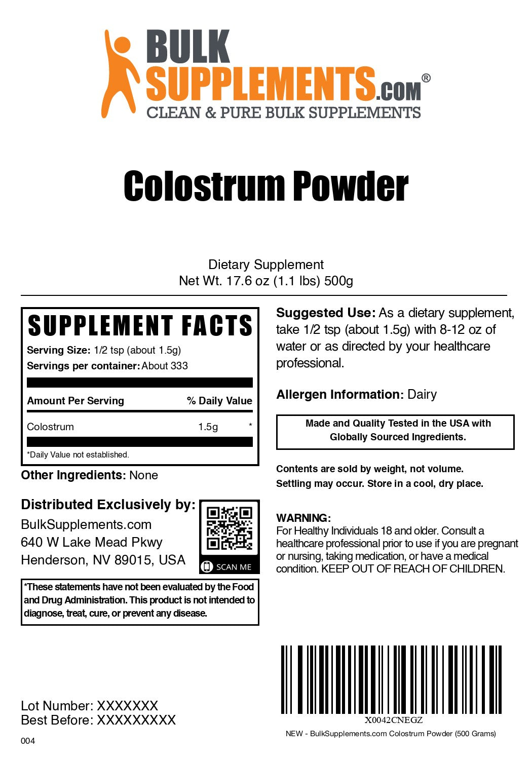 Colostrum Powder 500 grams label