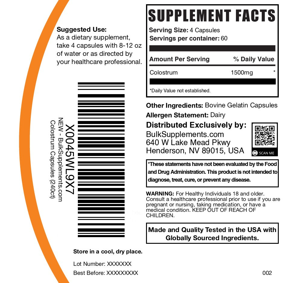Colostrum 1500mg 240 capsules label
