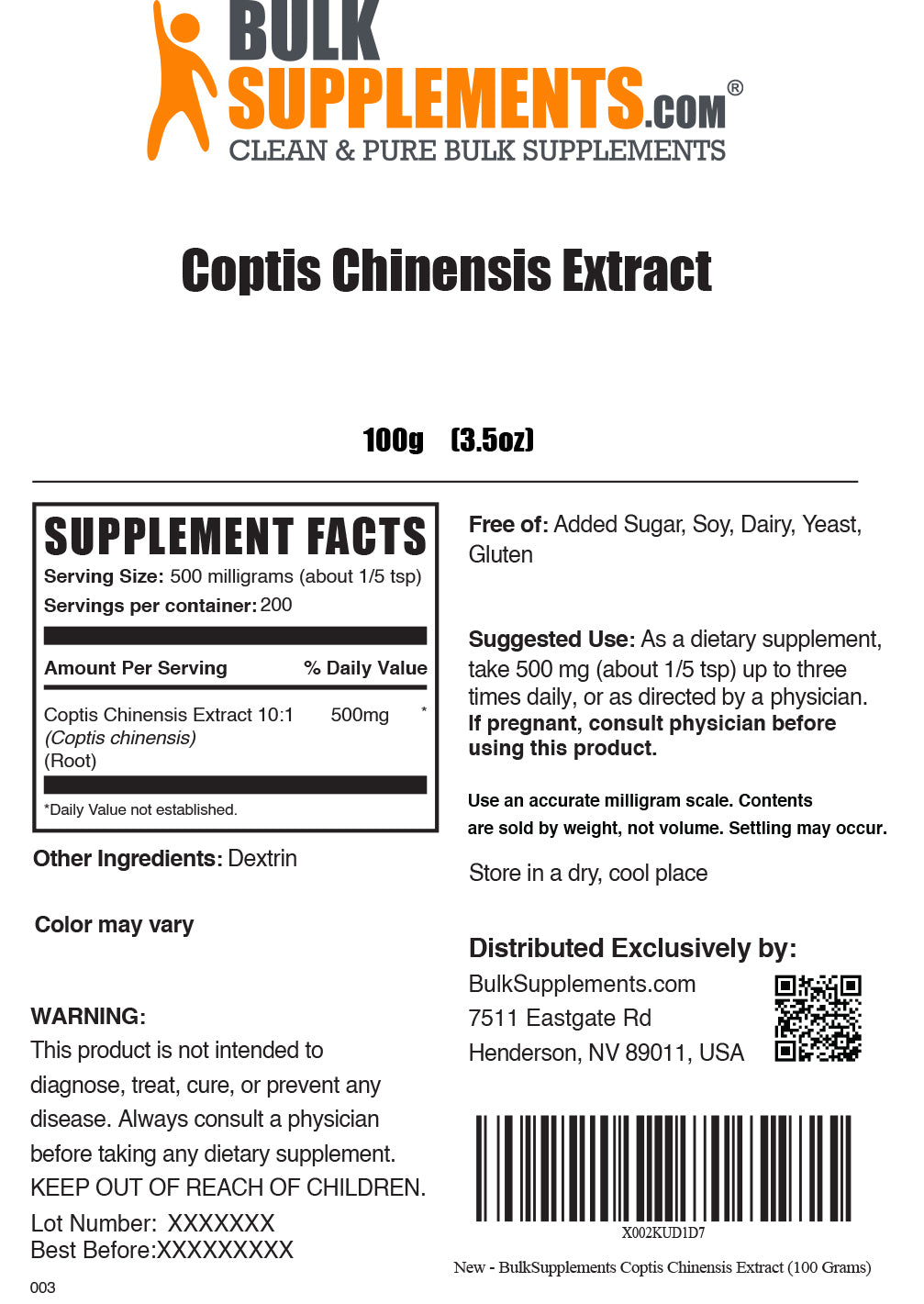 100g Coptis Chinensis Extract Supplement Facts