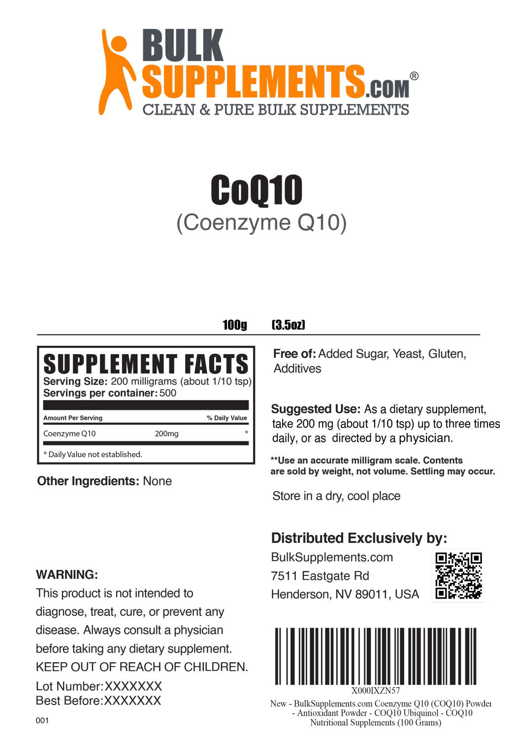 Supplement Facts Coenzyme Q10 Powder CoQ10 Powder 100 grams