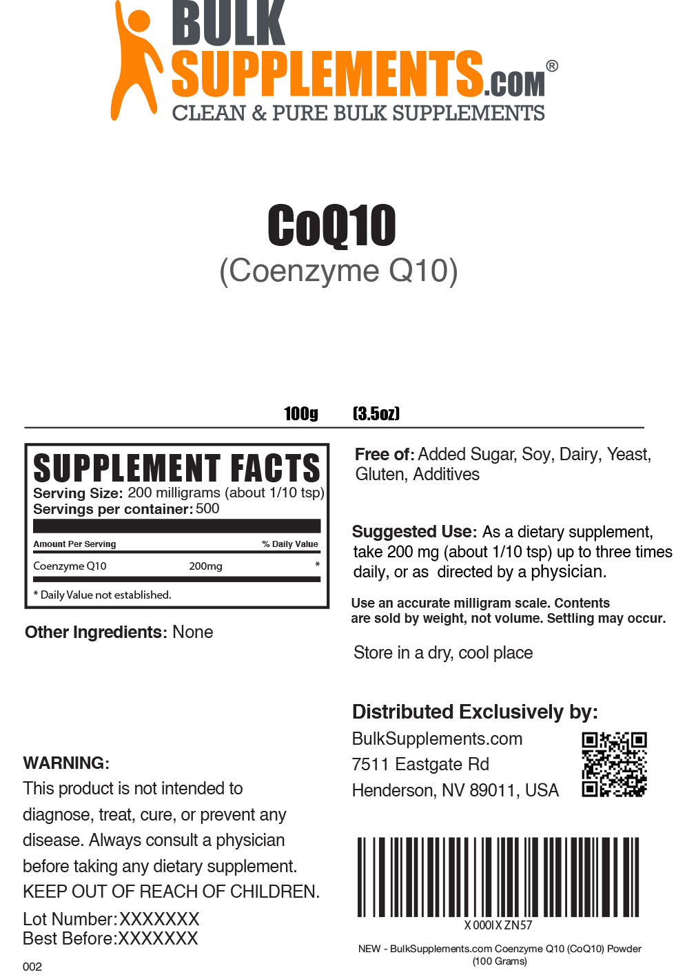 Supplement Facts Coenzyme Q10 Powder CoQ10 100 grams