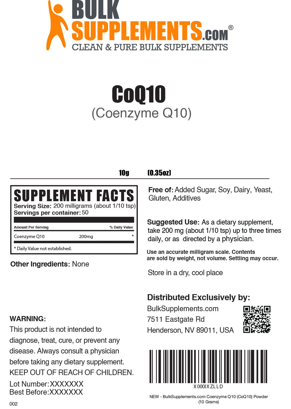 Supplement Facts Coenzyme Q10 Powder CoQ10 10 grams
