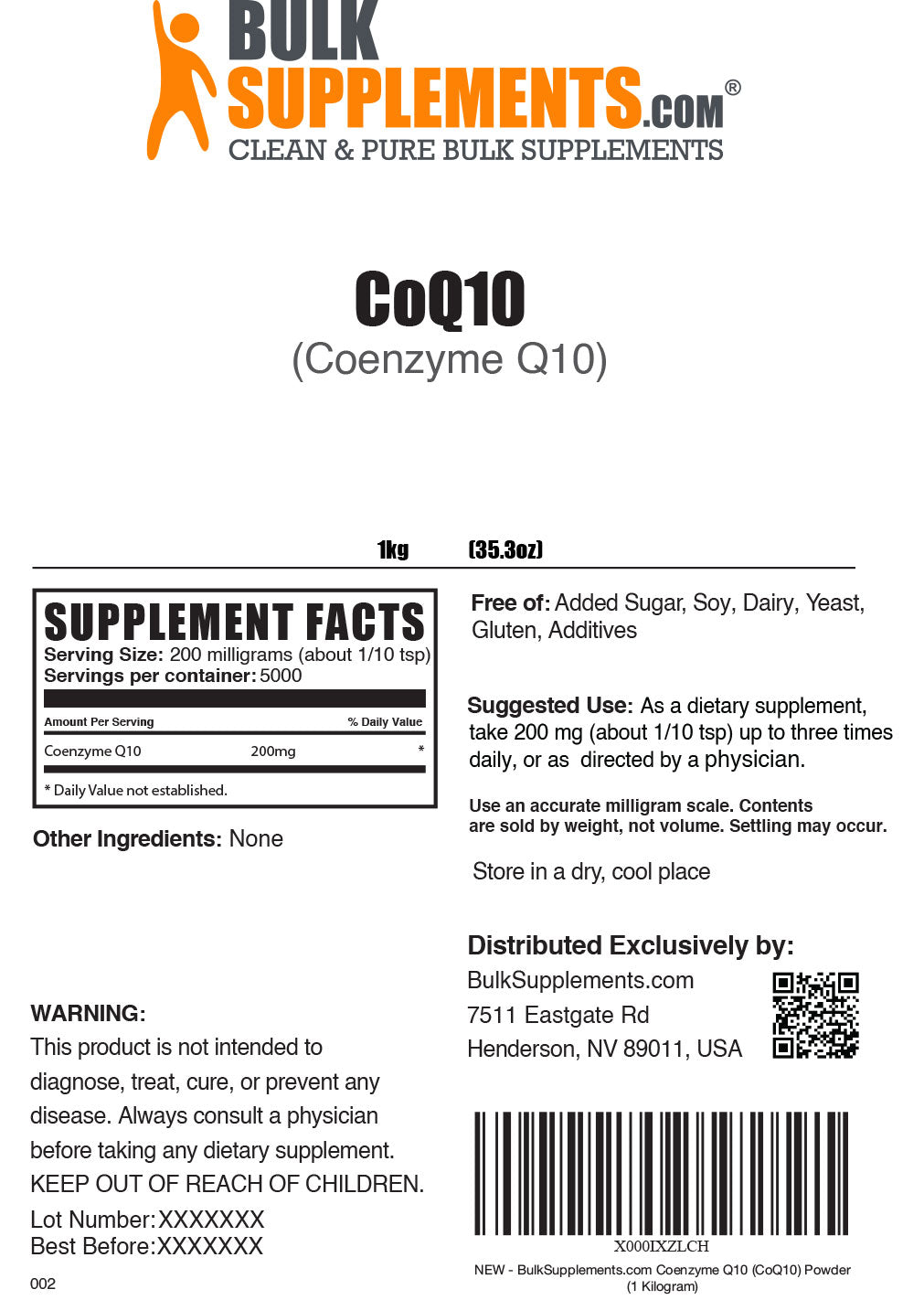 Supplement Facts Coenzyme Q10 Powder CoQ10 1 kilogram