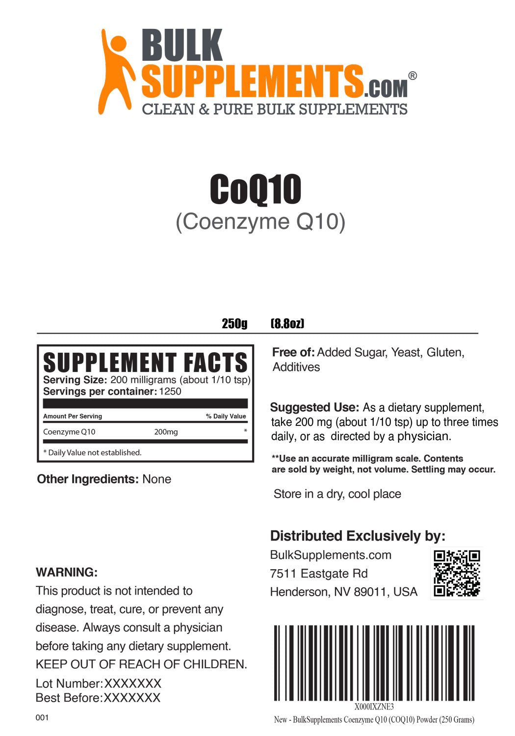 Supplement Facts Coenzyme Q10 Powder CoQ10 Powder 250 grams