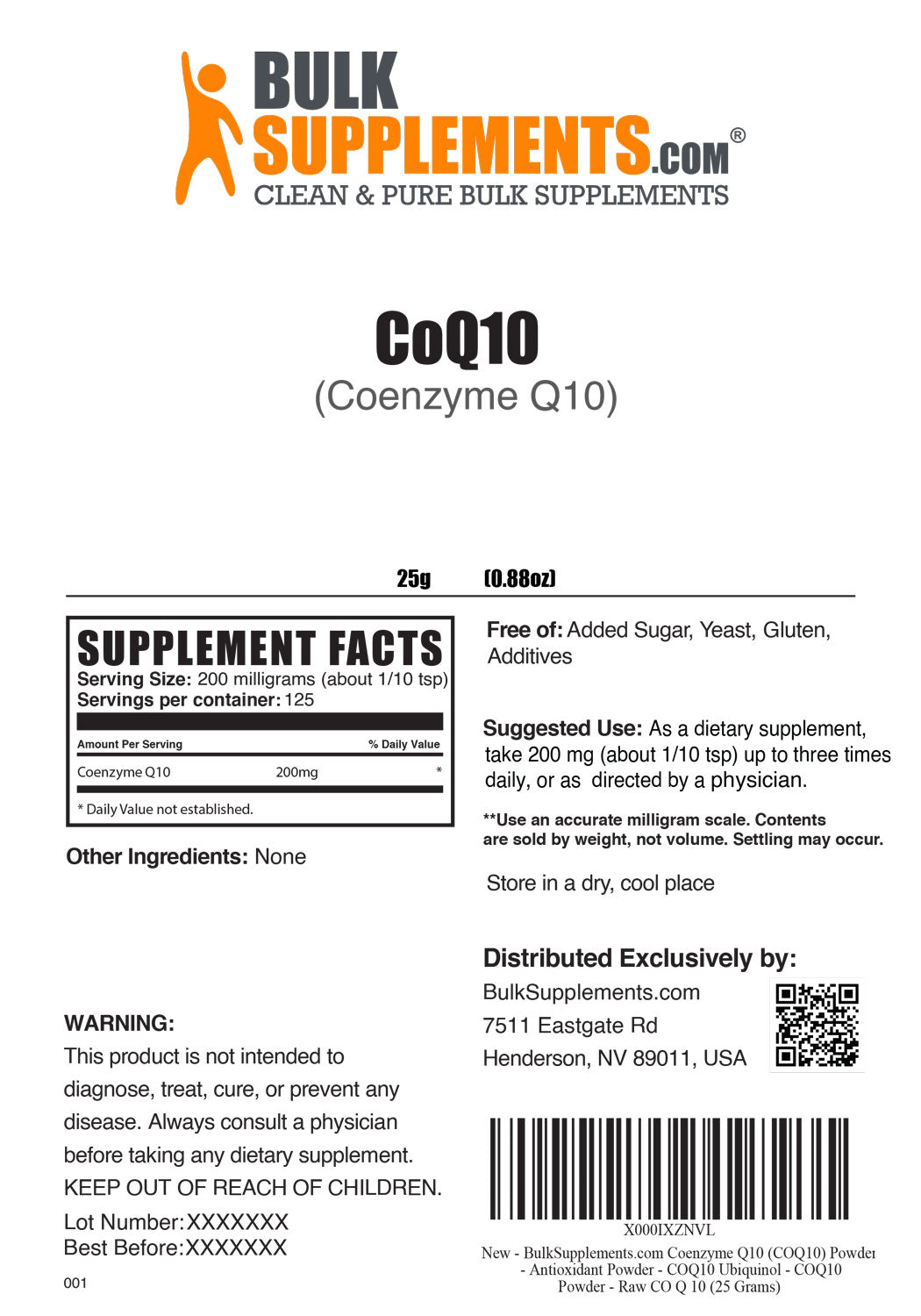Supplement Facts Coenzyme Q10 Powder CoQ10 Powder 25 grams