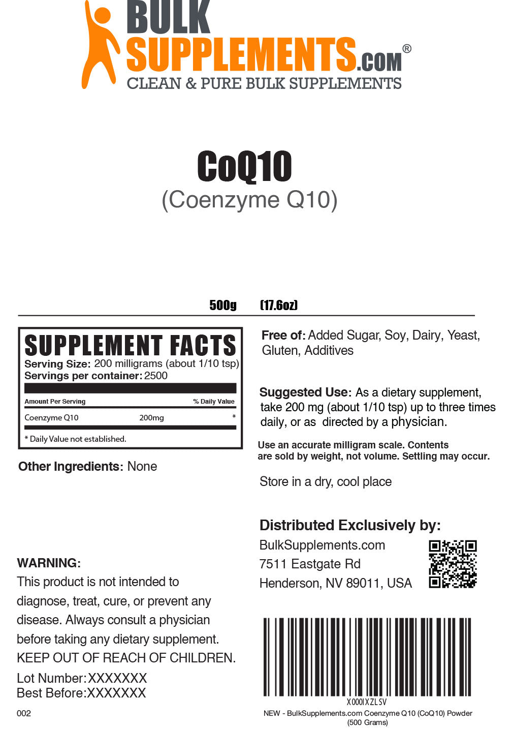 Supplement Facts Coenzyme Q10 Powder CoQ10 500 grams