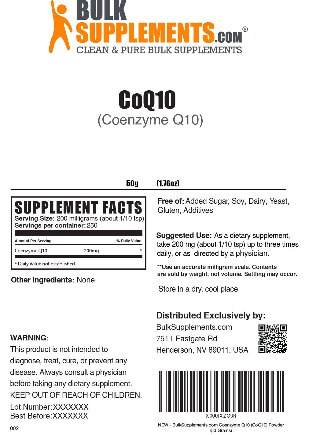 Supplement Facts Coenzyme Q10 Powder CoQ10 50 grams
