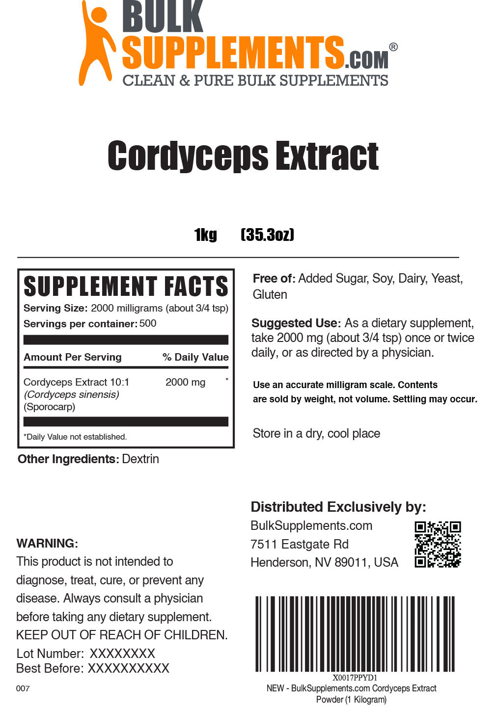 Supplement Facts for Cordyceps Extract