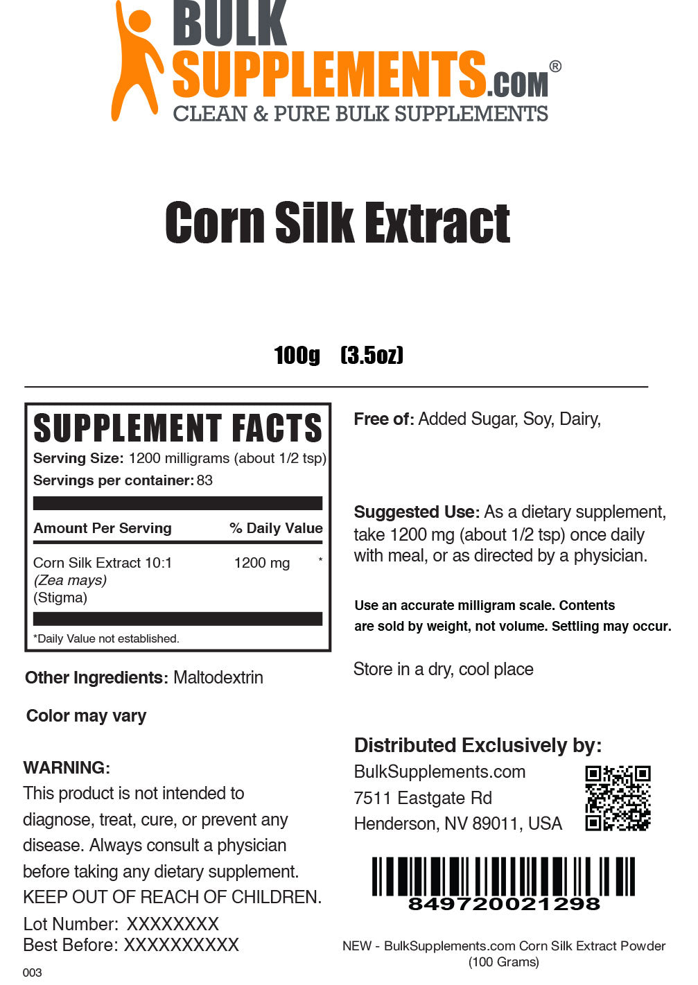 Supplement Facts Corn Silk Extract Powder