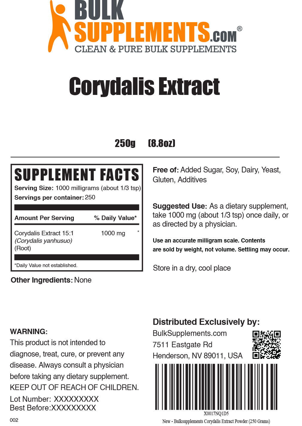 Supplement Facts Corydalis Extract Powder - 250g bag