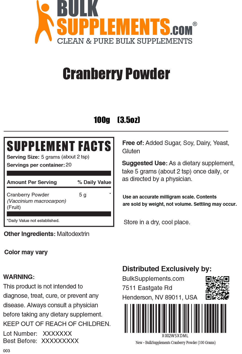 100g Cranberry Powder Supplement Facts
