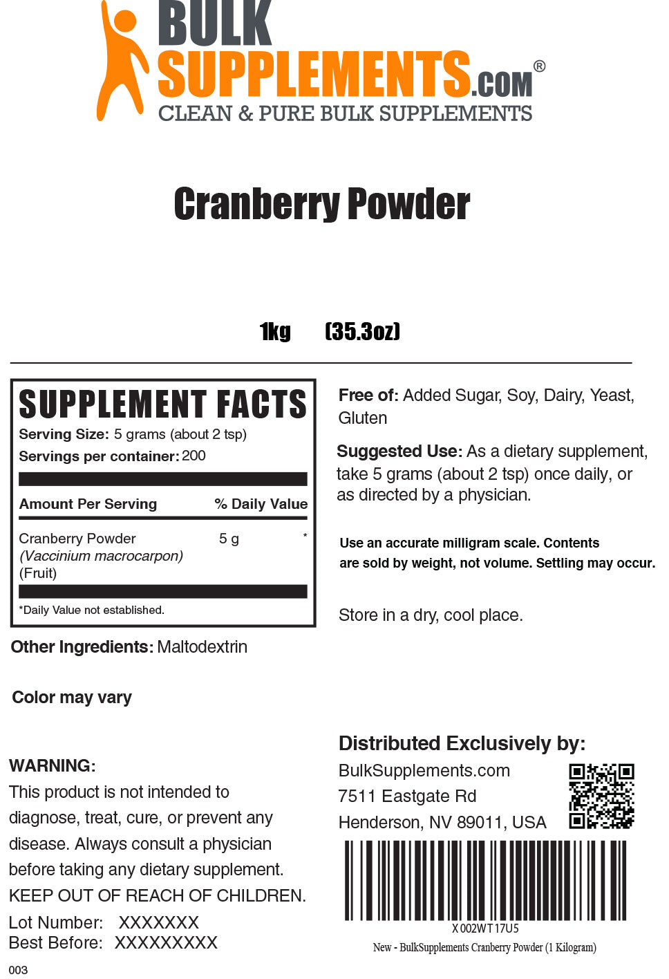 1kg Cranberry Powder Supplement Facts