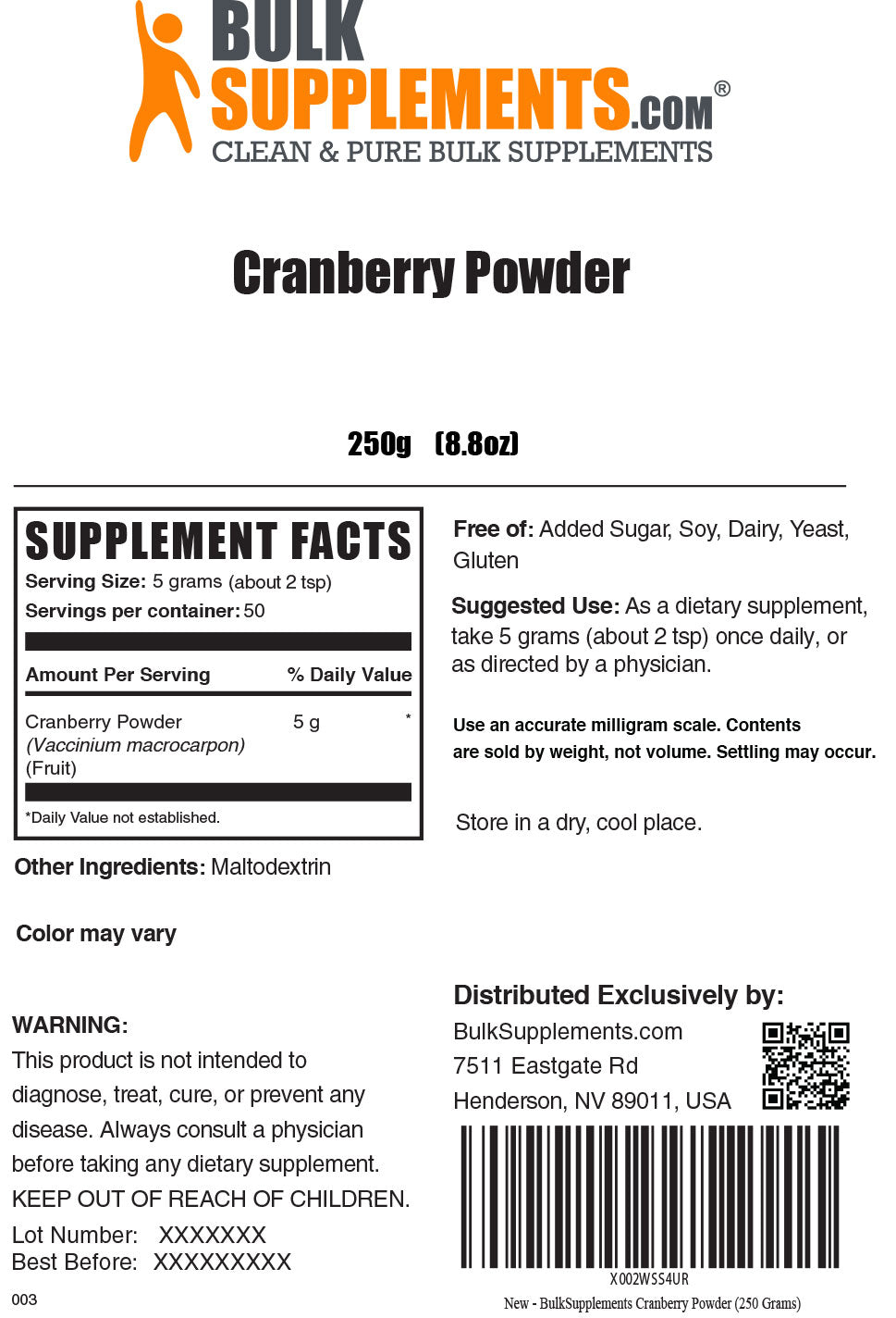 250g Cranberry Powder Supplement Facts