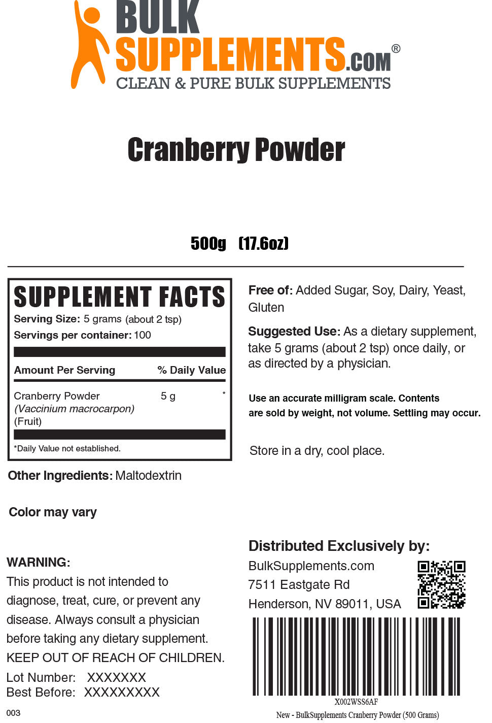 500g Cranberry Powder Supplement Facts