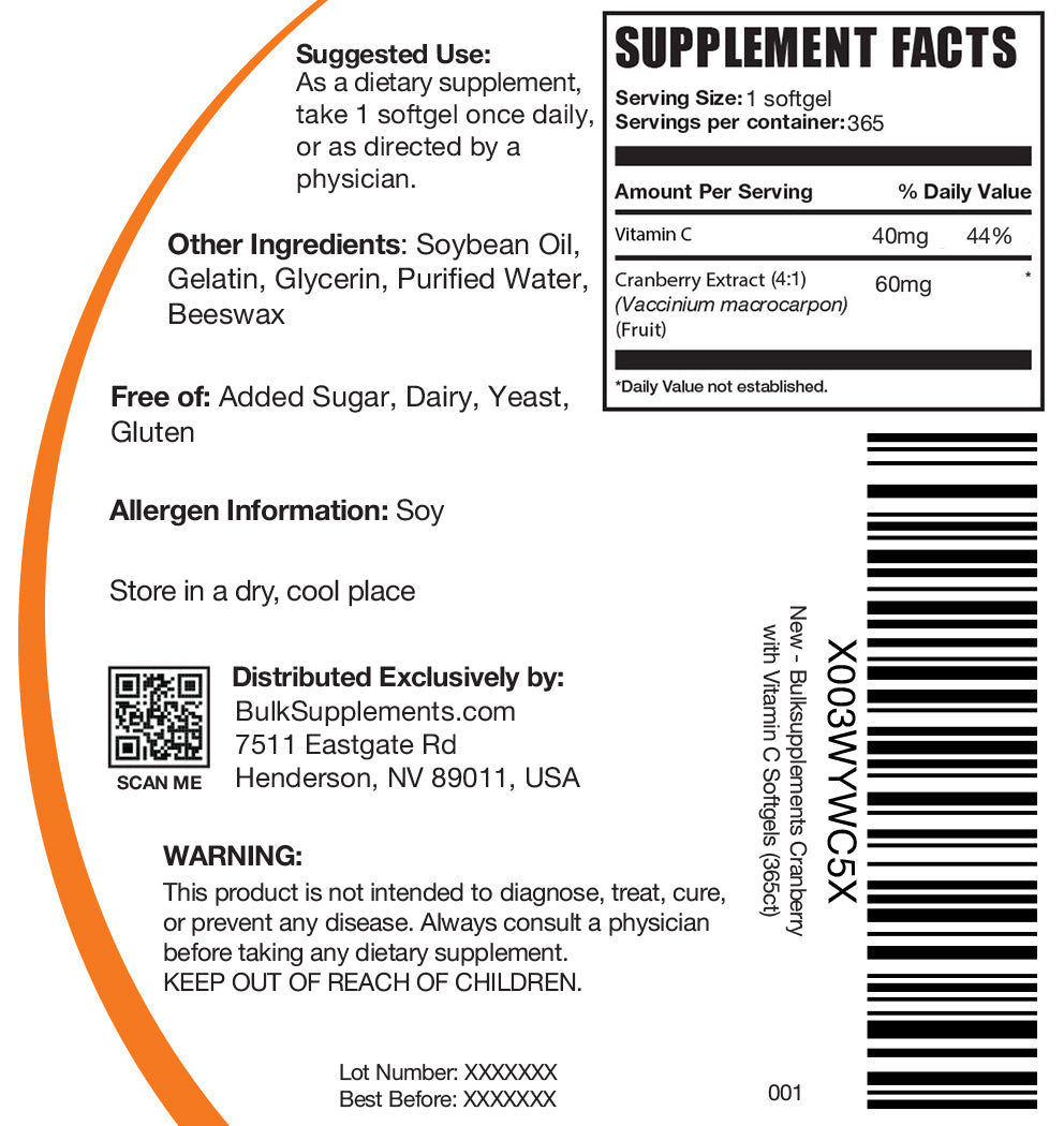 Supplement Facts Cranberry & Vitamin C 365 softgels