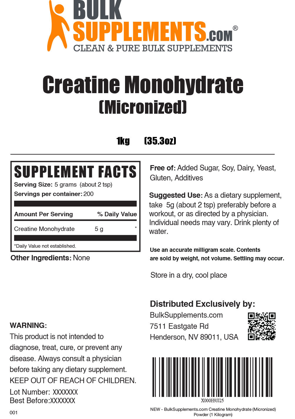 Creatine Monohydrate Supplement Facts and Serving Size for 1kg bag