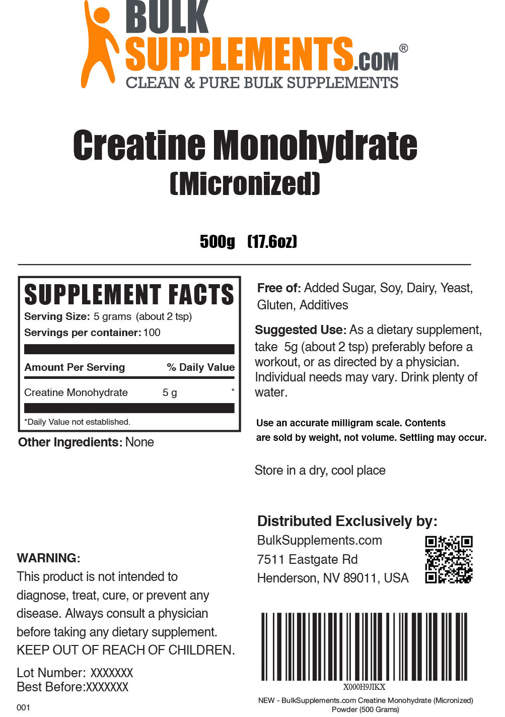 Creatine Monohydrate Supplement Facts and Serving Size for 500g bag