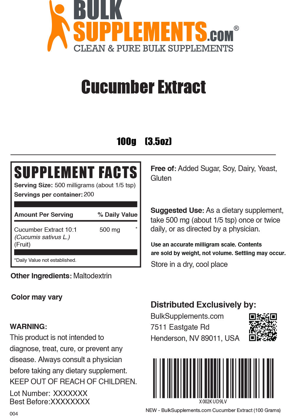100g Cucumber Extract Supplement Facts