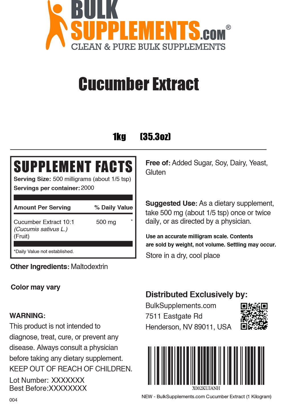 1kg Cucumber Extract Supplement Facts
