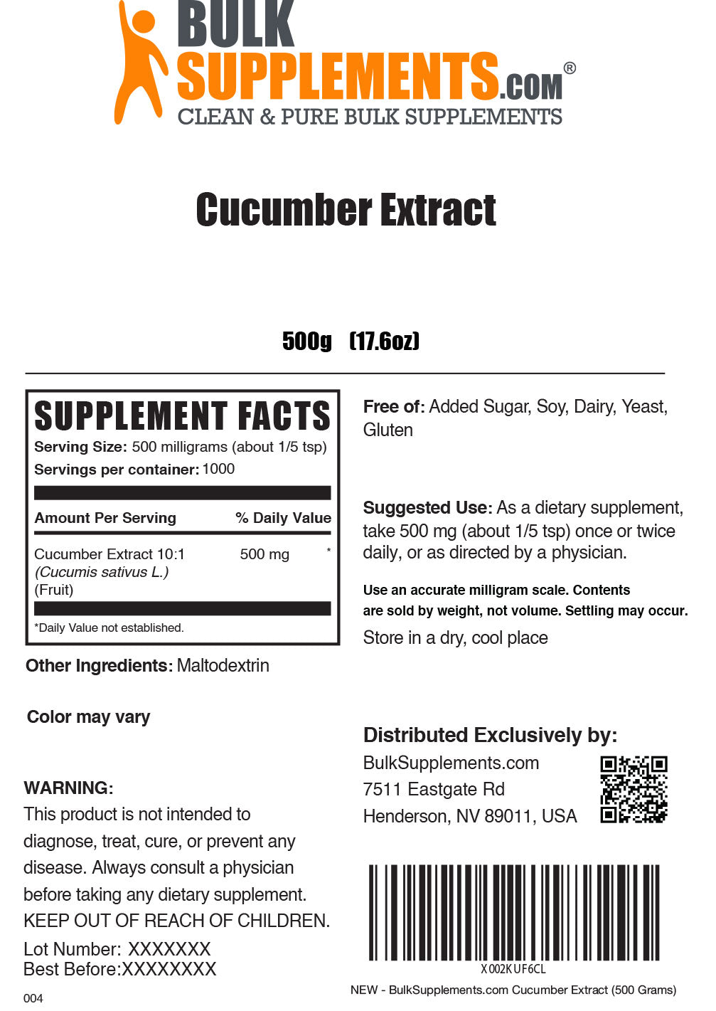 500g Cucumber Extract Supplement Facts