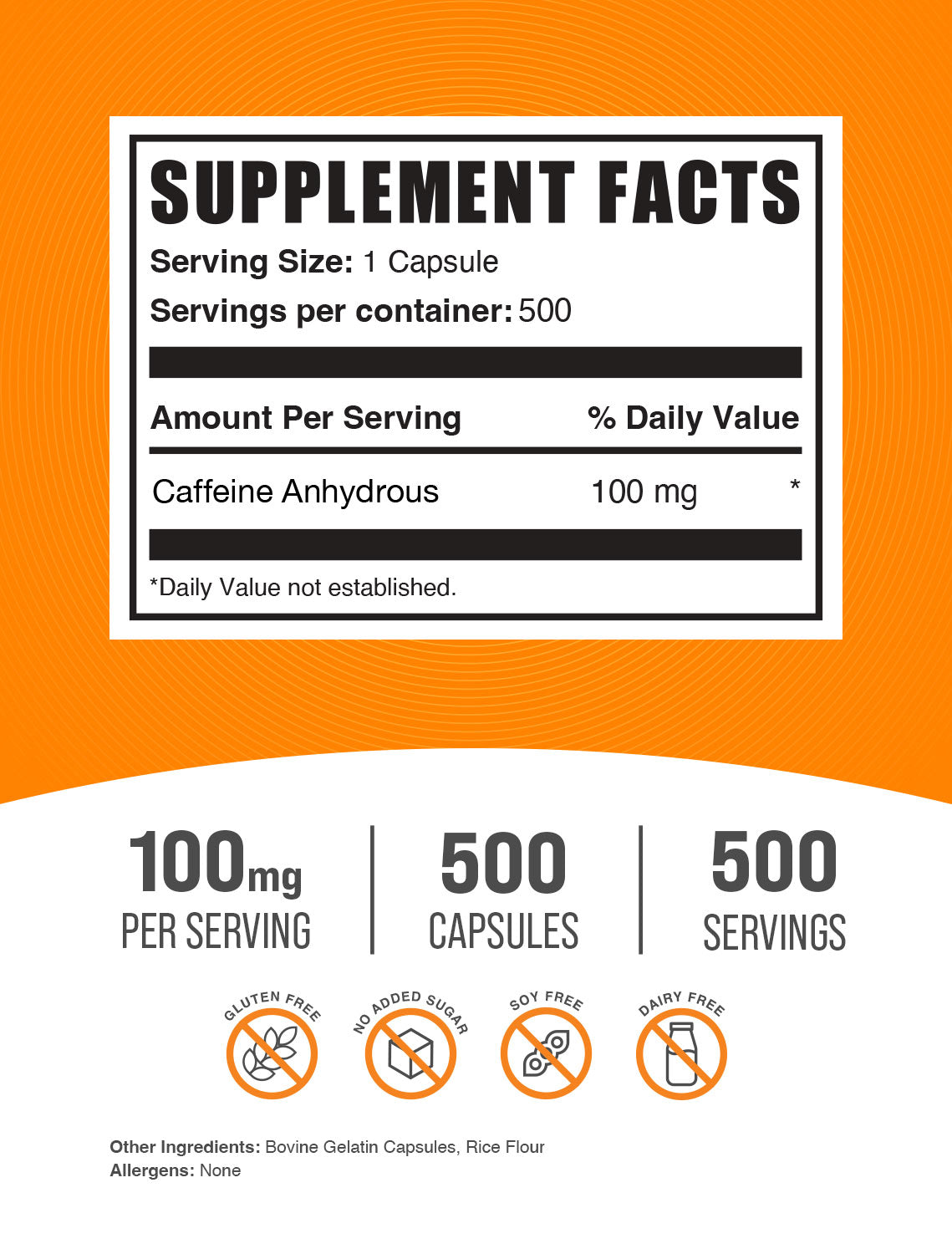 BulkSupplements Caffeine Capsules 100mg 500ct Supplement Facts