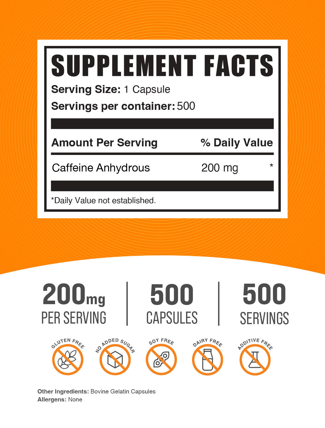 BulkSupplements Caffeine Capsules 200mg 500ct Supplement Facts