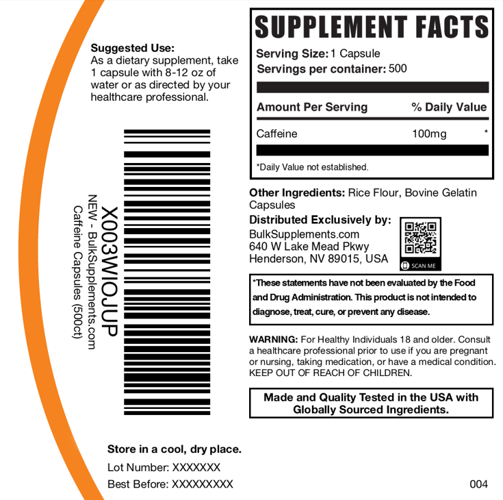 Caffeine Capsules 500ct 100mg Plain Label