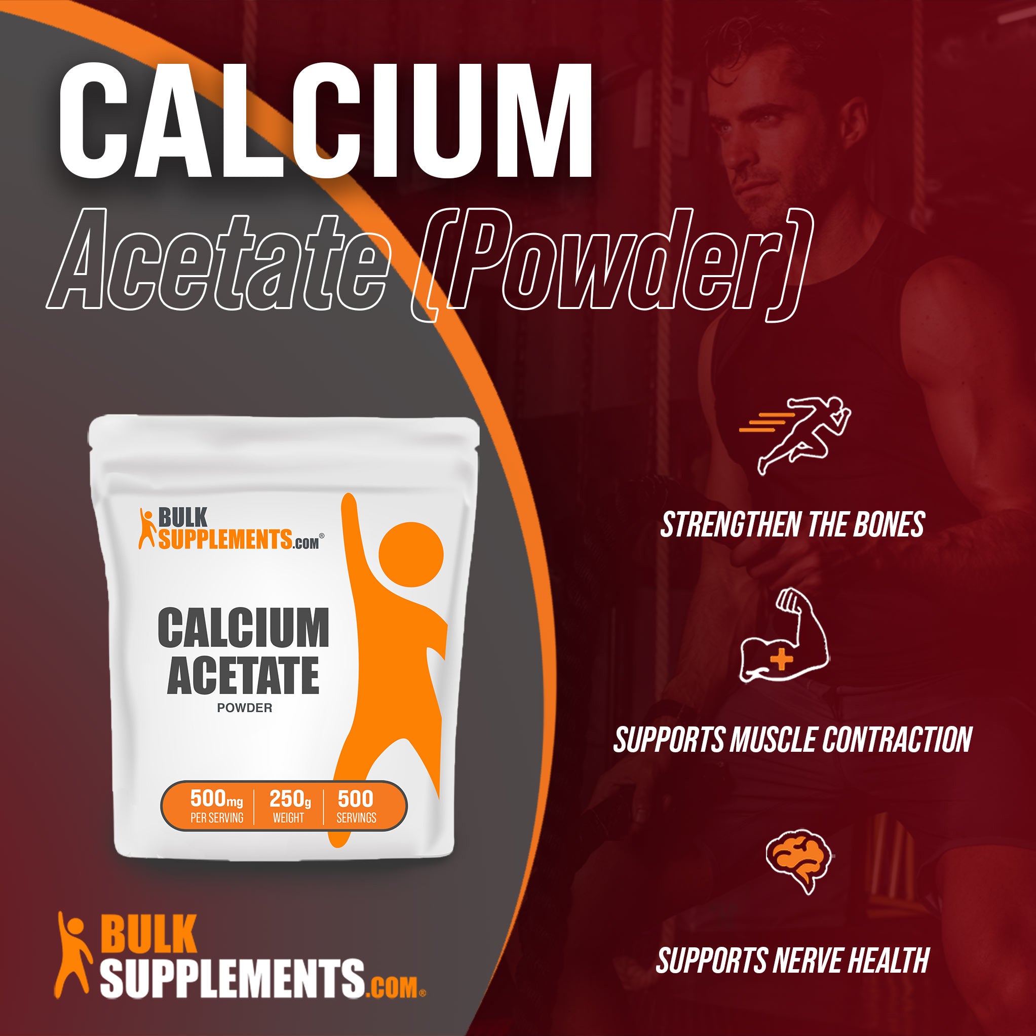 Benefits of our 250g Calcium Supplement; strengthens the bones, supports muscle contraction, supports nerve health