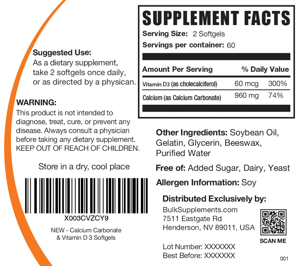 Supplement Facts Calcium Carbonate and Vitamin D3 Softgels 120 softgels
