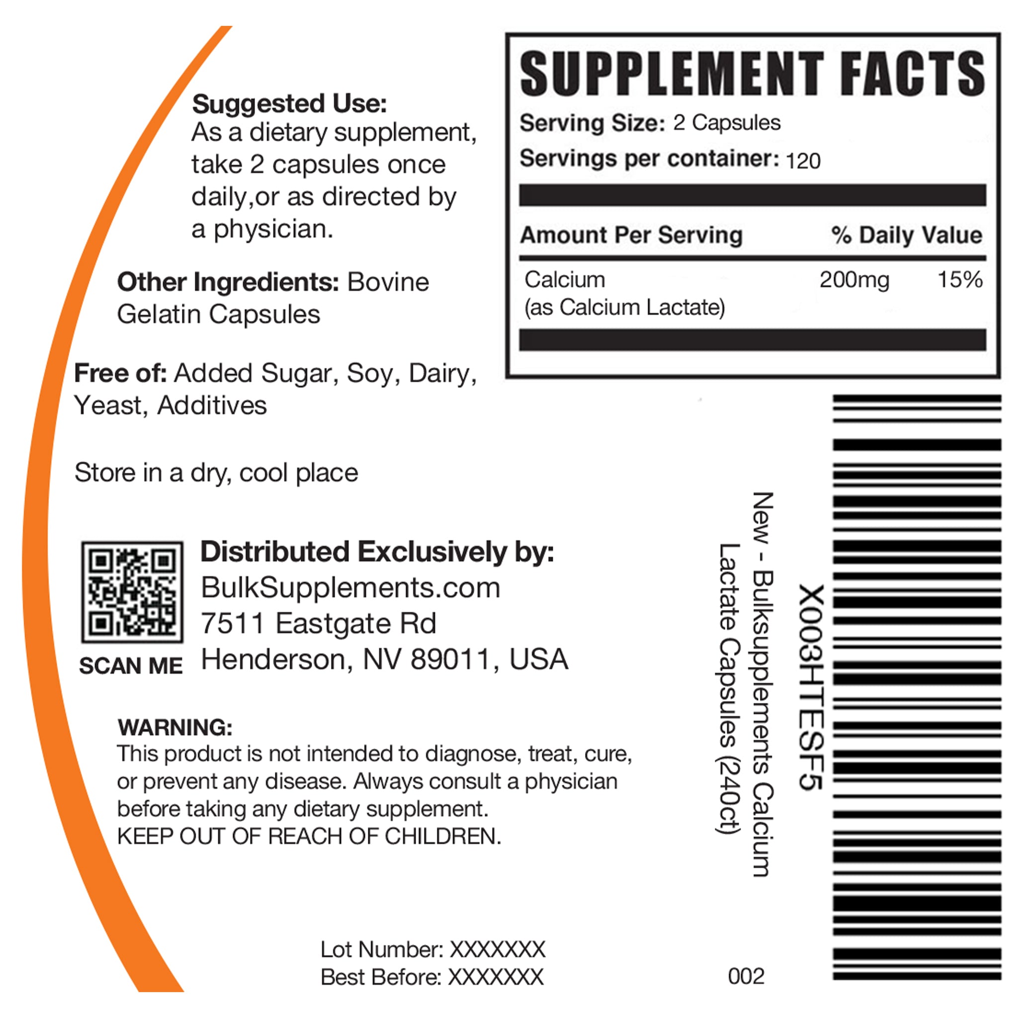 Calcium Lactate 240 ct Capsules Label