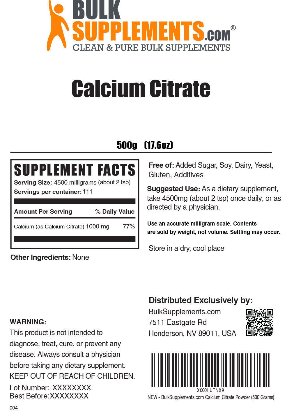 Calcium Citrate Powder Label 500g