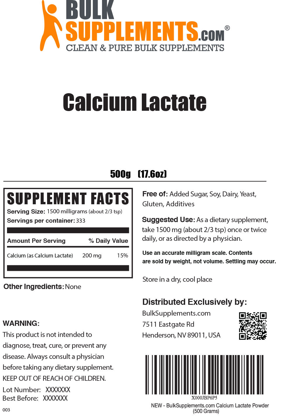 Calcium Lactate Powder Label 500g