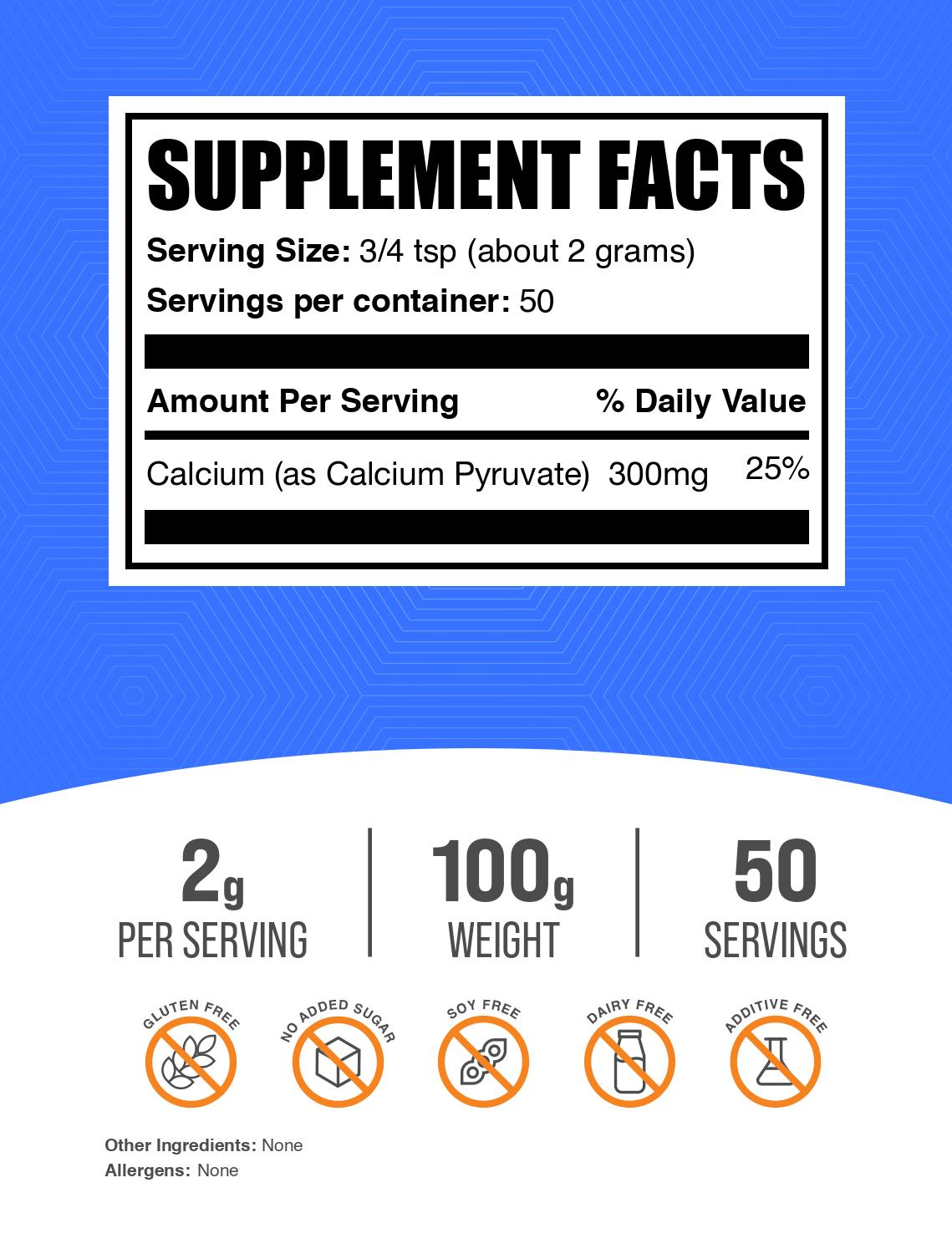 Calcium pyruvate powder label 100g