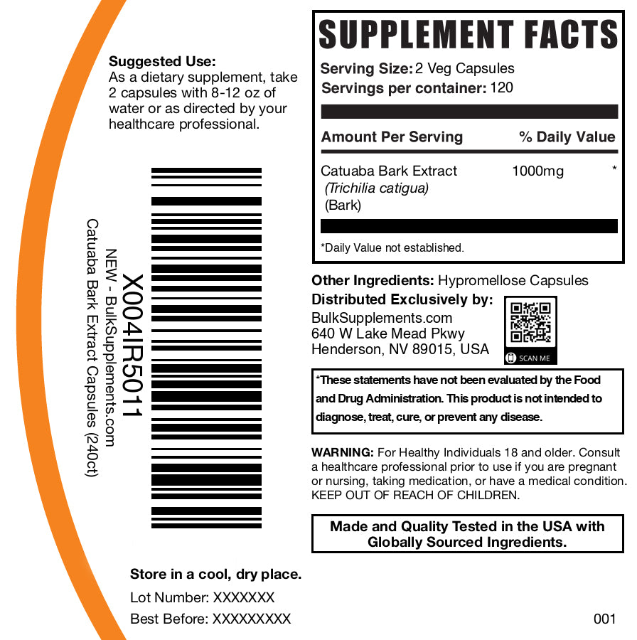 Catuaba bark extract 240 capsules label