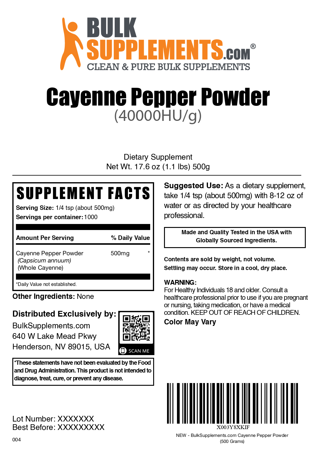 Cayenne Pepper Powder 40000HU Powder 500g Bag Label