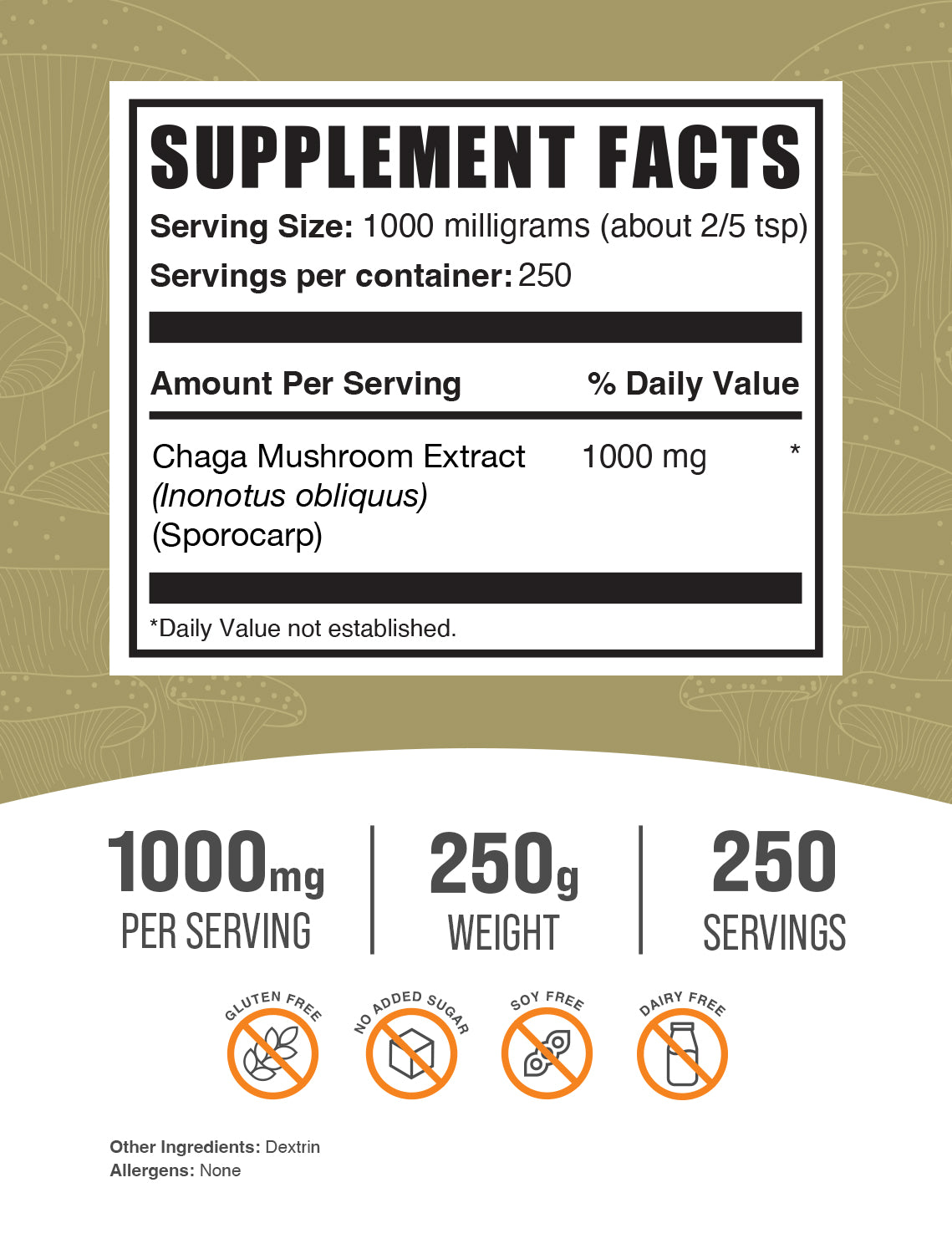 Chaga Mushroom Extract powder label 250g