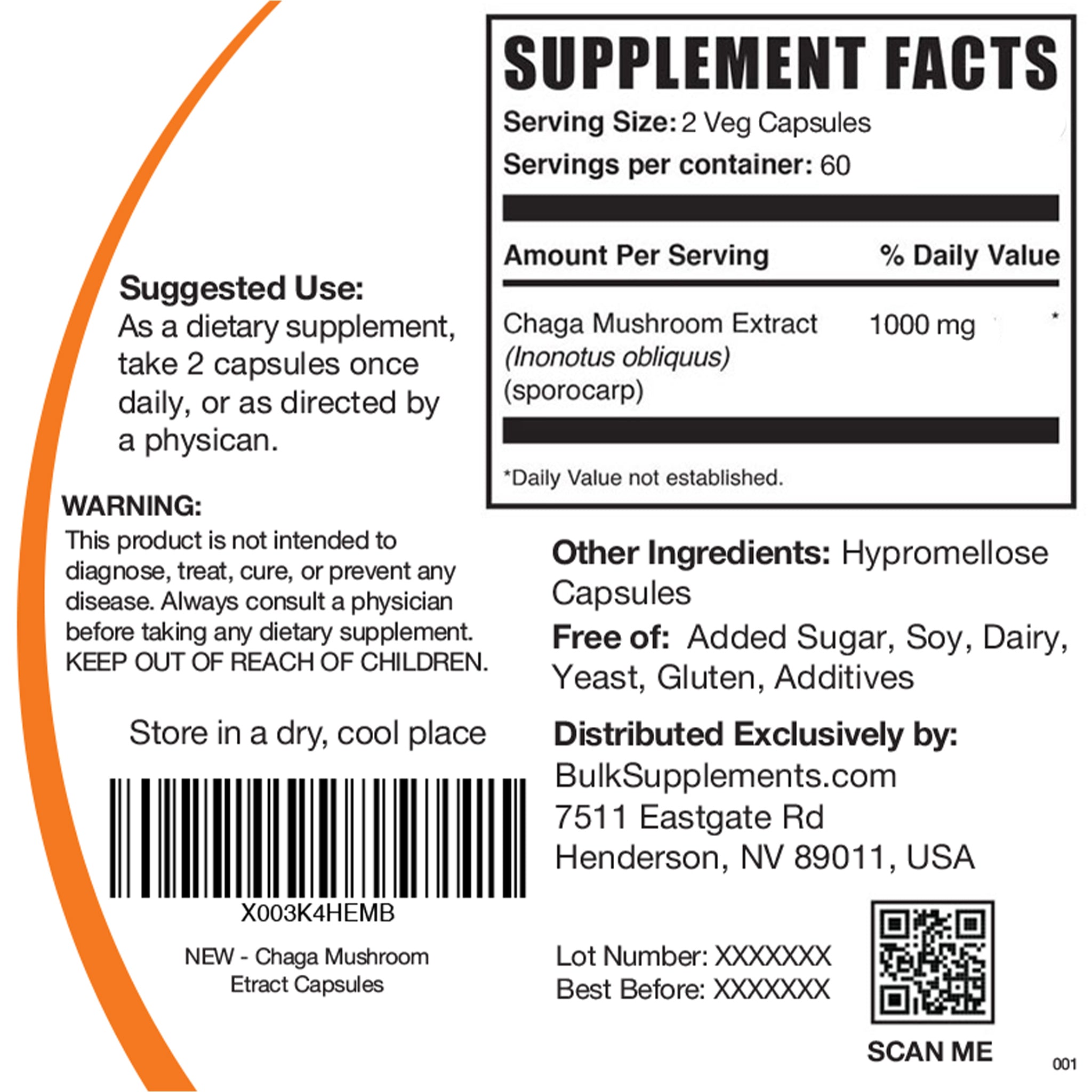120 capsule Chaga Mushroom Supplement Facts Label