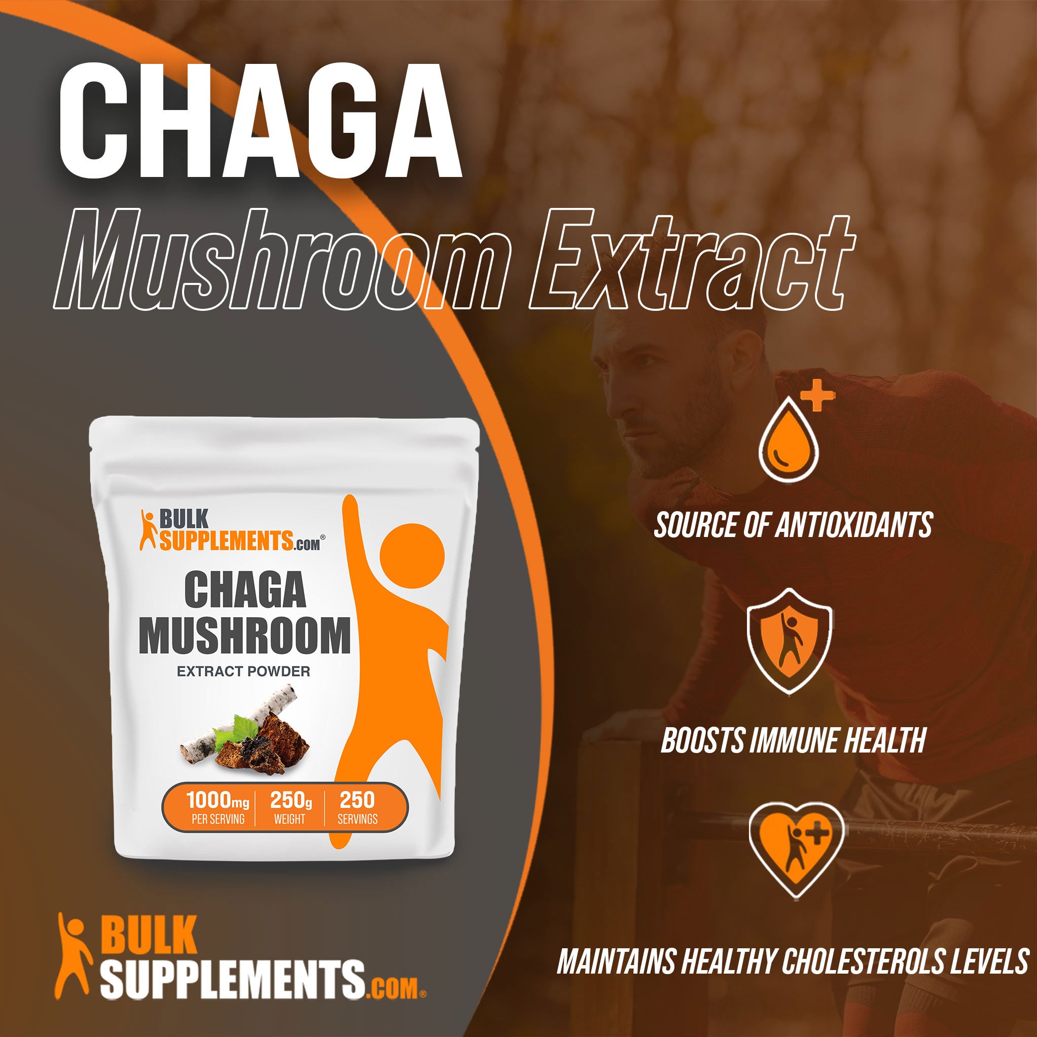 Benefits of Chaga Mushroom Extract; source of antioxidants, boosts immune health, maintains healthy cholesterol levels