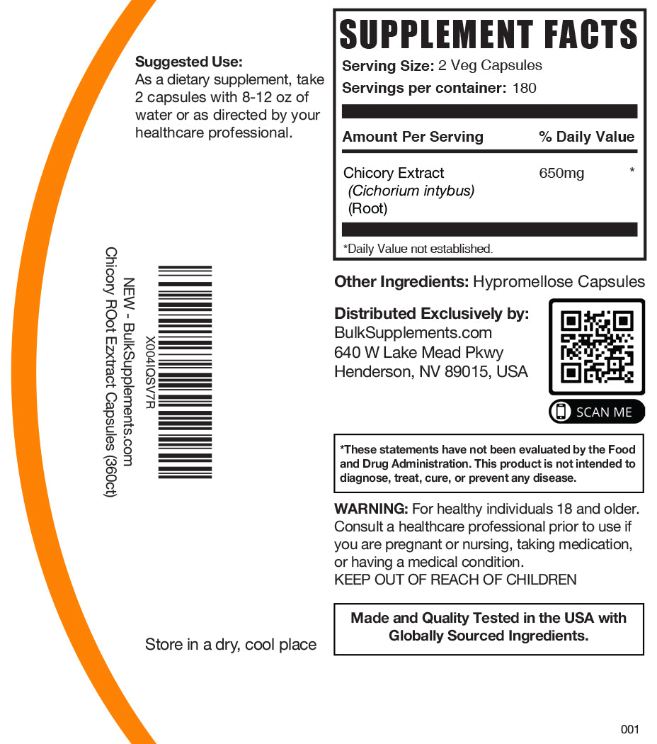 Chicory root extract 360 capsules label