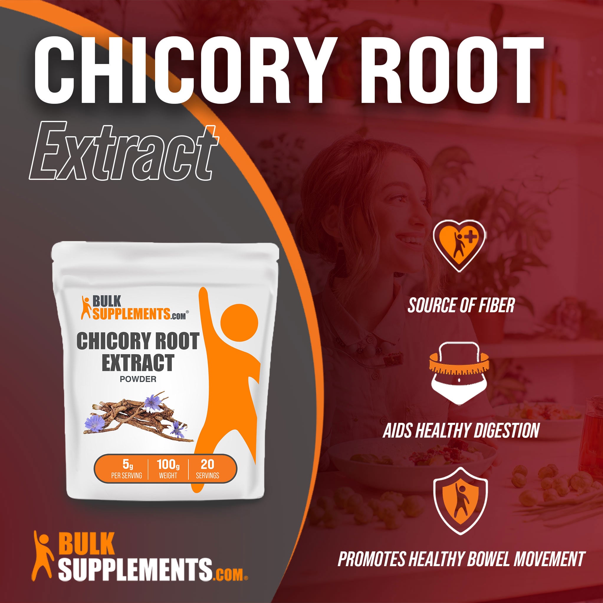Benefits of 100g Chicory Root Extract Powder; fiber supplement, aids healthy digestion, promotes healthy bowel movement