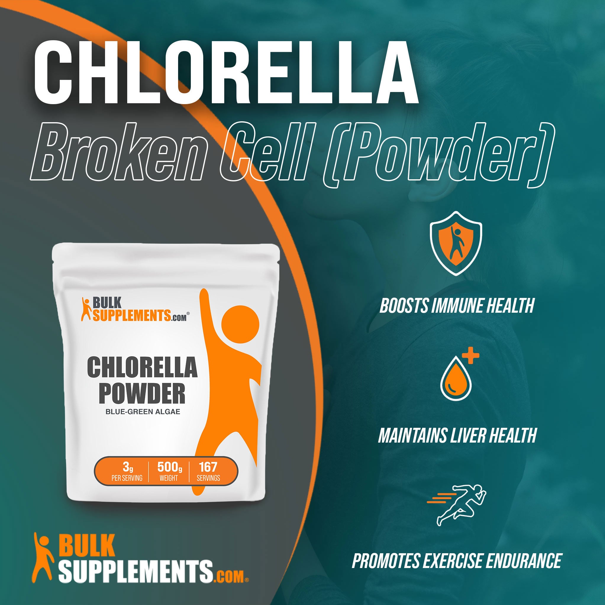 Benefits of 500g Chlorella greens superfood powder;; boosts immune health, maintains liver health, promotes exercise endurance