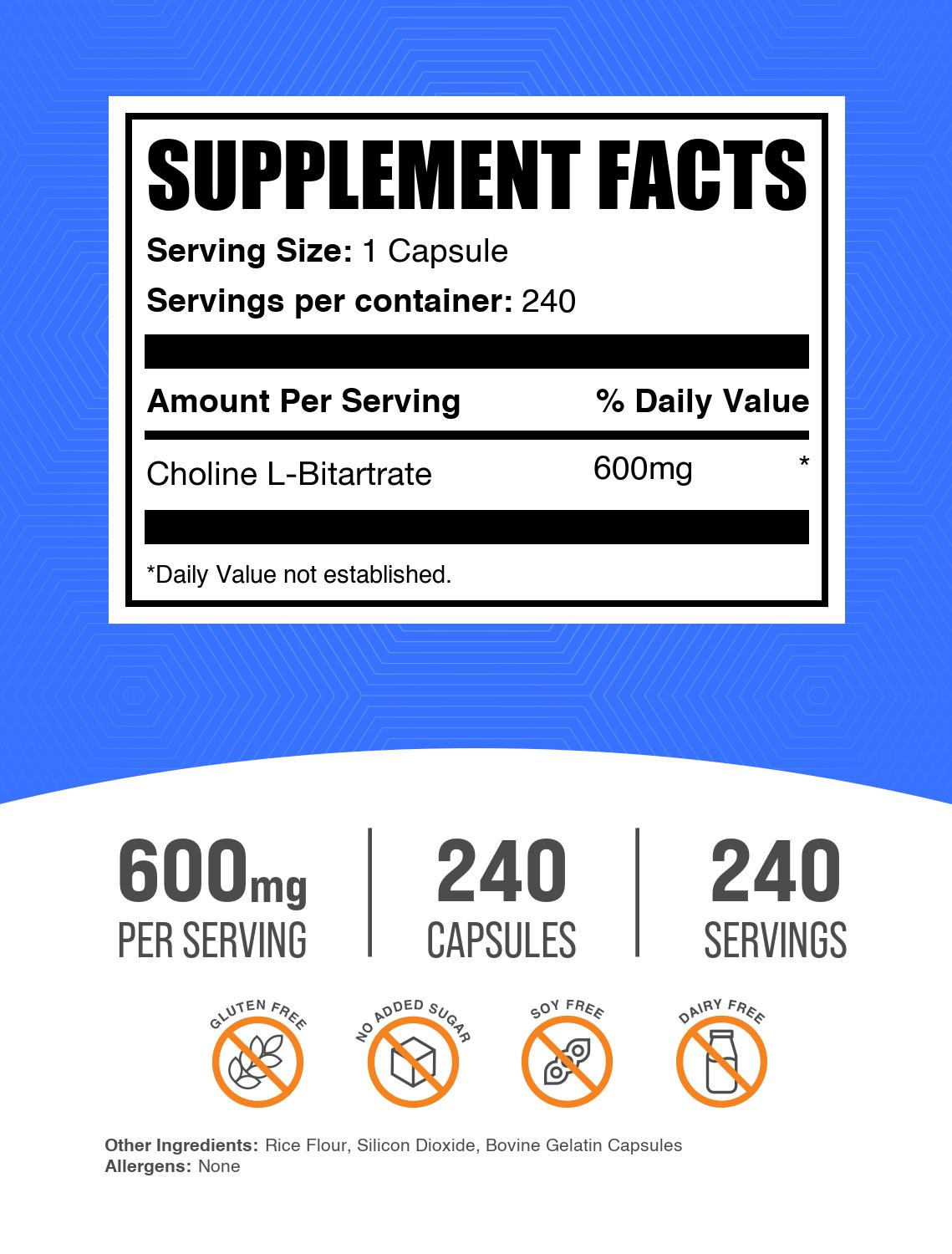 Choline L-Bitartrate Capsules 240ct Label