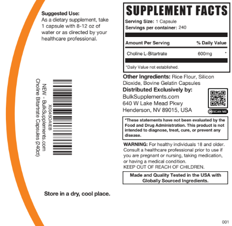Choline L-Bitartrate Capsules 240ct Plain Label