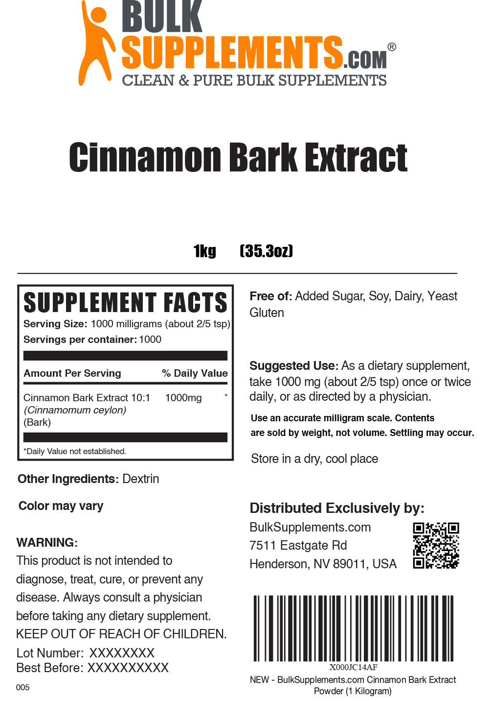 Supplement Facts Cinnamon Bark Extract powder