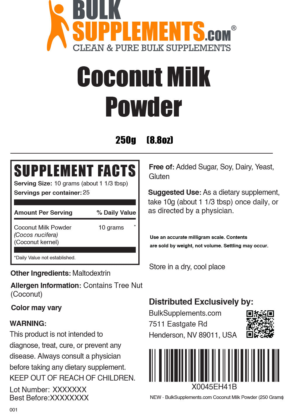 Coconut milk powder label 250g