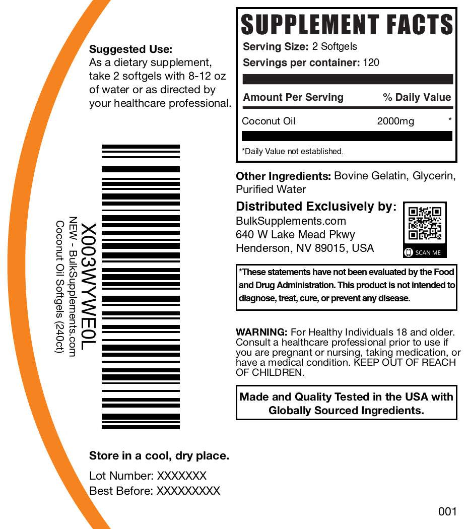 Coconut oil 240 softgels label