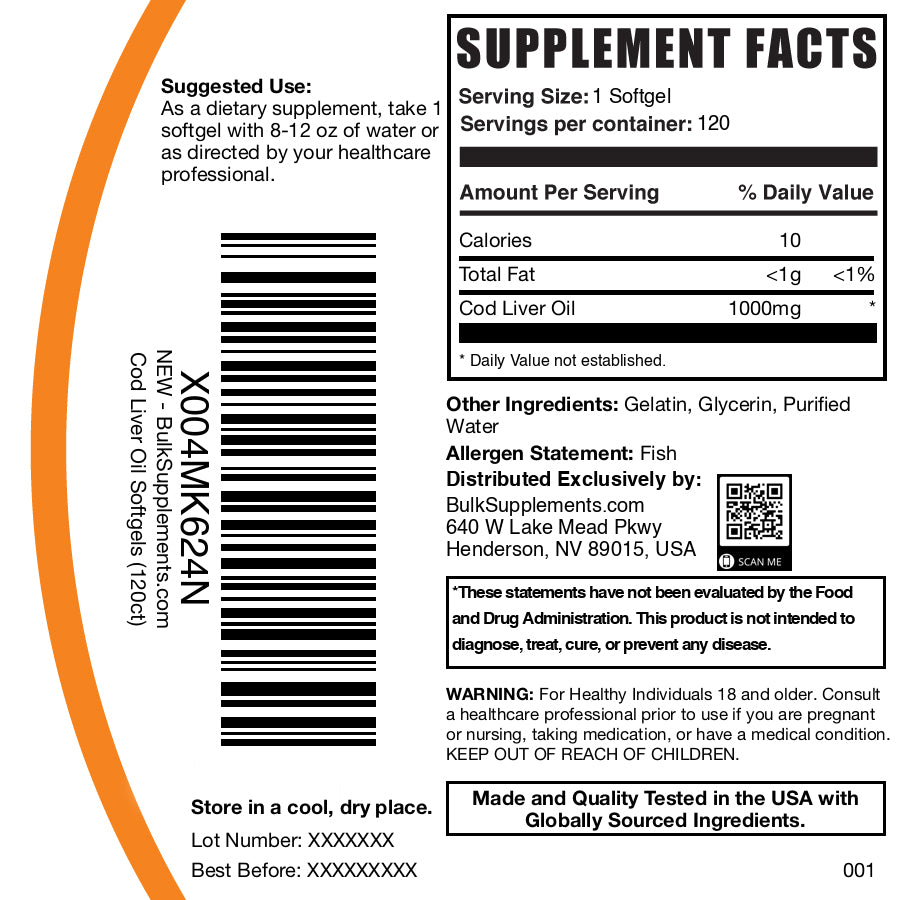 Cod liver oil 120 softgels label